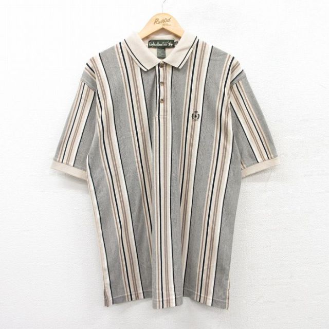 L★古着 半袖 ポロ シャツ メンズ 90年代 90s エンブレム 鹿の子 ベージュ系他 カーキ ストライプ 25jul22 中古 トップス