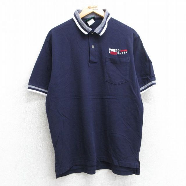 L★古着 半袖 ポロ シャツ メンズ YOUNG レーシング 鹿の子 コットン 紺他 ネイビー 25jul25 中古 トップス