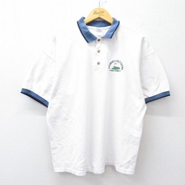 XL★古着 半袖 ポロ シャツ メンズ ゴルフ 鹿の子 コットン 白 ホワイト 25jul26 中古 トップス