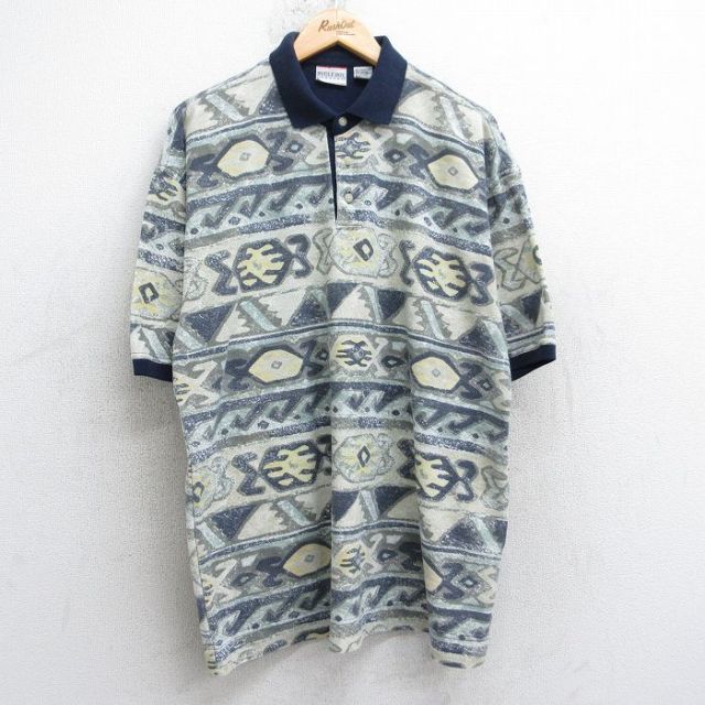 【50%OFF】ビューグルボーイ 90s 半袖ポロシャツ 総柄 ネイビー XL | 古着