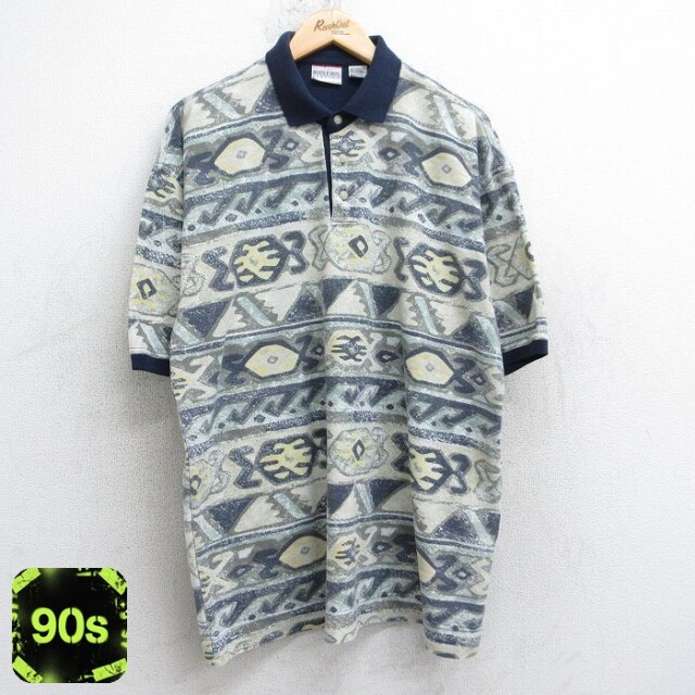 ビューグルボーイ 90s 半袖ポロシャツ 総柄 ネイビー XL | 古着