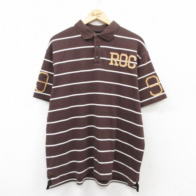 【50%OFF】XL★古着 ROCAWEAR 半袖 ポロ シャツ メンズ 大きいサイズ コットン 茶他 ブラウン ボーダー 25aug01 中古 トップス
