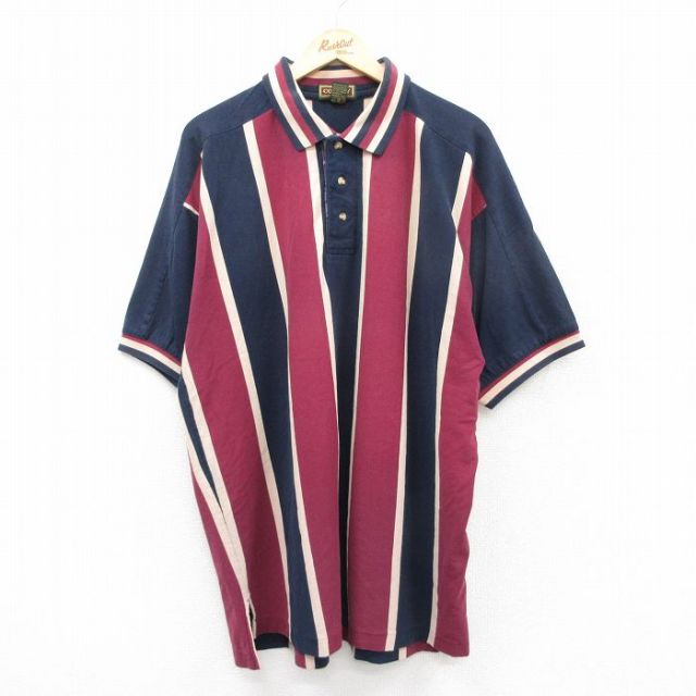 【20%OFF】XL★古着 半袖 ポロ シャツ メンズ 90年代 90s 大きいサイズ ロング丈 コットン 濃紺他 ネイビー ストライプ 【spe】 25aug20 中古 トップス