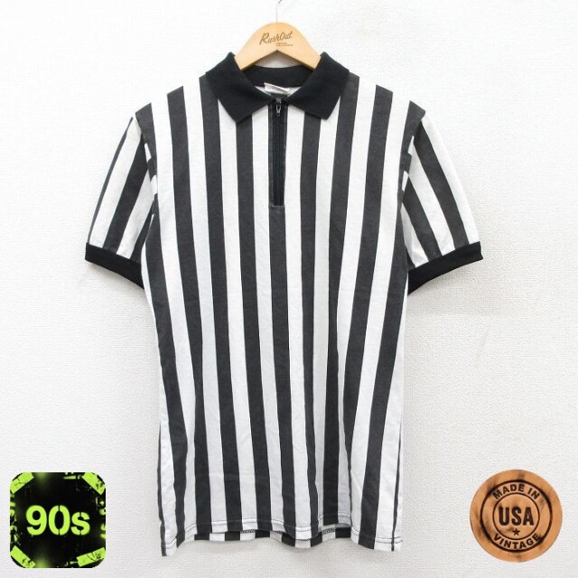 【50%OFF】マジェスティック 90s 半袖ハーフジップポロシャツ ストライプ ホワイト M | 古着