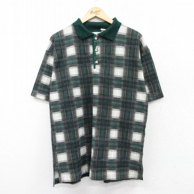 【20%OFF】XL★古着 半袖 ポロ シャツ メンズ 90年代 90s コットン USA製 緑他 グリーン チェック 25aug20 中古 トップス