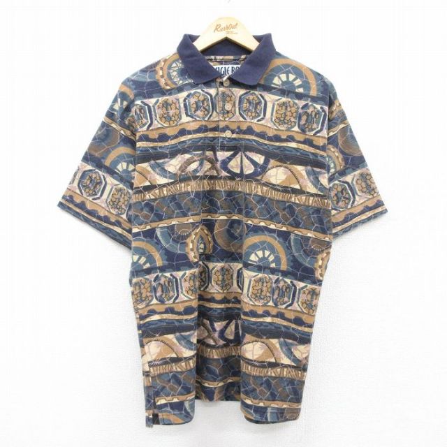 【50%OFF】ビューグルボーイ 00s 半袖ポロシャツ 総柄 ネイビー XL | 古着