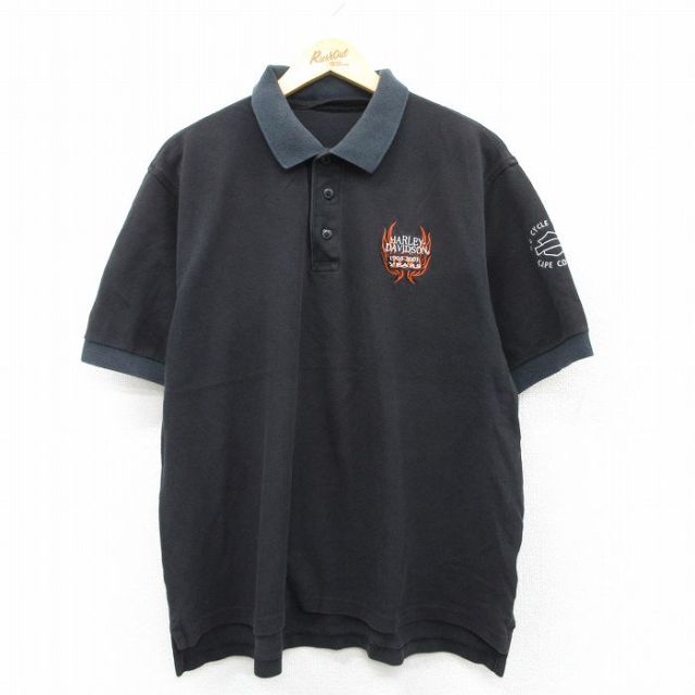 XL★古着 半袖 ポロ シャツ メンズ 00年代 00s ハーレーダビッドソン Harley Davidson 大きいサイズ 鹿の子 黒 ブラック 25aug20 中古 トップス