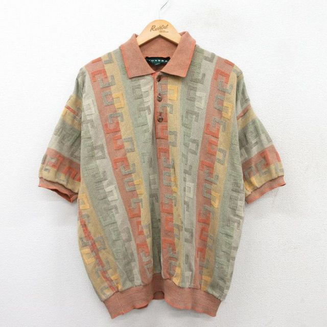 XL★古着 半袖 ポロ シャツ メンズ 90年代 90s 大きいサイズ オレンジ他 ストライプ 25aug20 中古 トップス