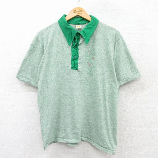 【50%OFF】L★古着 ラッセル 半袖 ポロ シャツ メンズ 70年代 70s 染込プリント USA製 緑他 グリーン 25aug20 中古 トップス