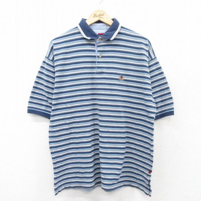 XL★古着 ビューグルボーイ 半袖 ポロ シャツ メンズ 00年代 00s ワンポイントロゴ 鹿の子 コットン 薄紺他 ネイビー ボーダー 25aug23 中古 トップス