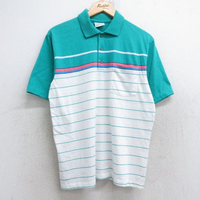 【20%OFF】M★古着 半袖 ポロ シャツ メンズ 90年代 90s USA製 青緑他 25aug23 中古 トップス