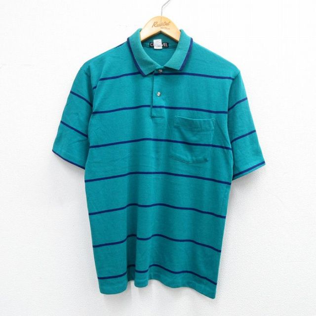 L★古着 半袖 ポロ シャツ メンズ 90年代 90s USA製 青緑他 ボーダー 25aug23 中古 トップス
