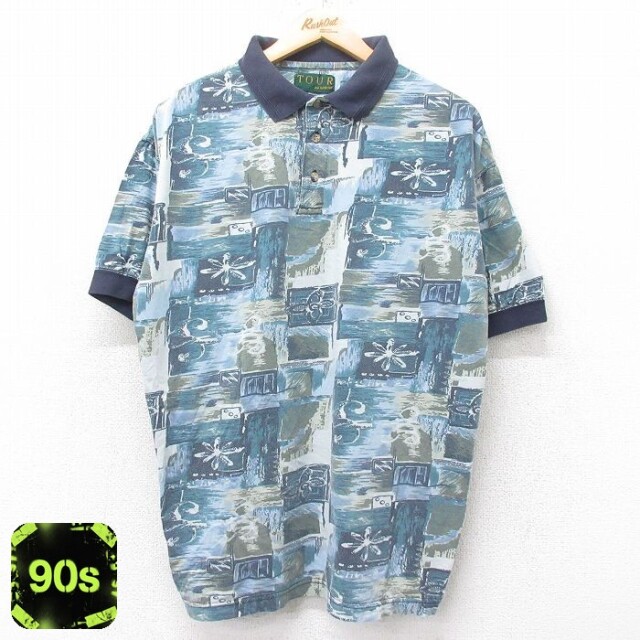 【50%OFF】アロー 90s 半袖ポロシャツ 総柄 ネイビー L | 古着