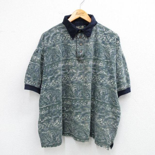 XL★古着 半袖 ポロ シャツ メンズ 00年代 00s 総柄 鹿の子 大きいサイズ コットン 濃緑他 グリーン 25sep02 中古 トップス
