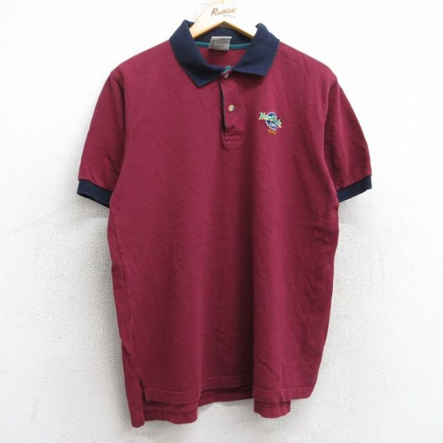 L★古着 半袖 ポロ シャツ メンズ 90年代 90s ハードロックカフェ タイペイ 鹿の子 コットン エンジ 25sep06 中古 トップス