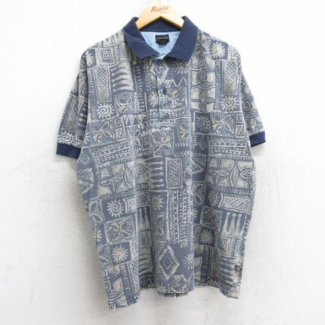 STRUCTURE 90s 半袖ポロシャツ 葉総柄 ネイビー XL | 古着