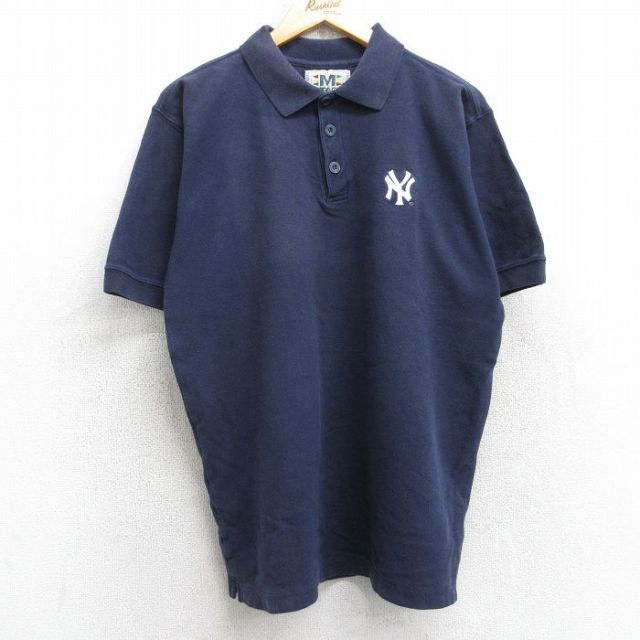 XL★古着 ミラージュ MIRAGE 半袖 ポロ シャツ メンズ 90年代 90s MLB ニューヨークヤンキース コットン 紺 ネイビー メジャーリーグ ベースボール 野球 25sep06 中古 トップス