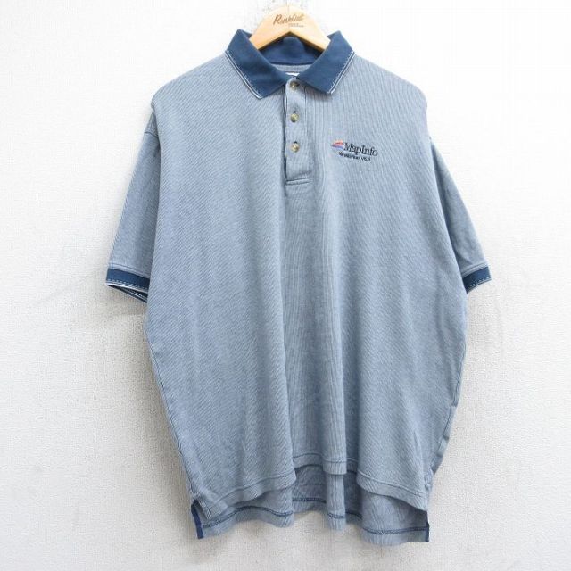 【20%OFF】XL★古着 リー Lee 半袖 ポロ シャツ メンズ MapInfo 大きいサイズ コットン 薄紺 ネイビー ストライプ 25sep06 中古 トップス