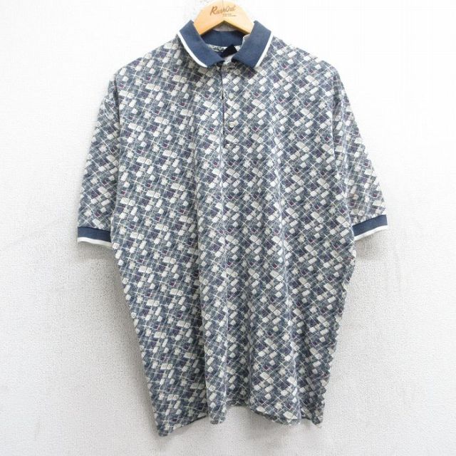 【20%OFF】XL★古着 ピューリタン 半袖 ポロ シャツ メンズ 総柄 紺他 ネイビー 25sep06 中古 トップス