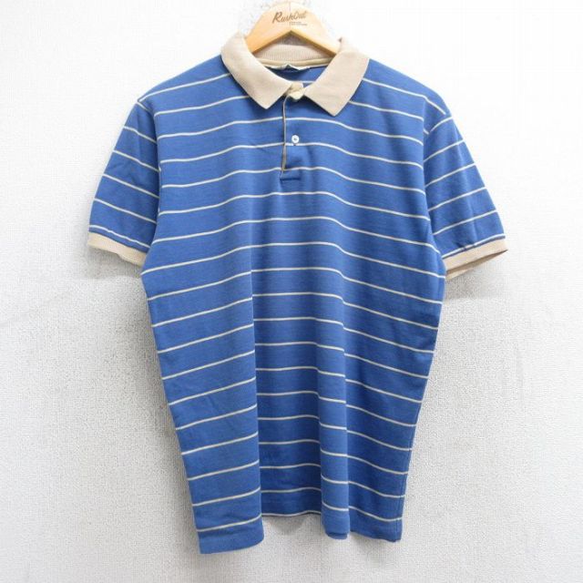 L★古着 半袖 ポロ シャツ メンズ 80年代 80s コットン USA製 青他 ブルー ボーダー 25sep06 中古 トップス