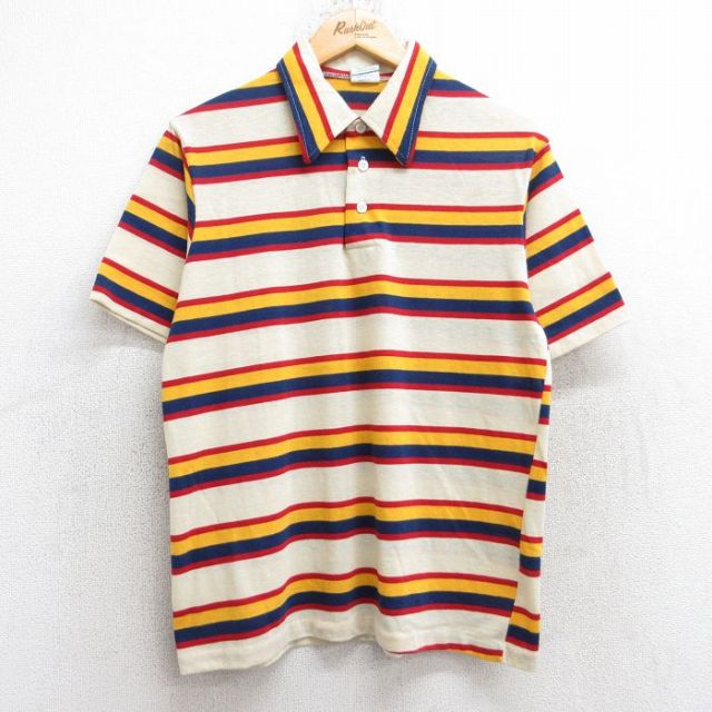 【20%OFF】M★古着 半袖 ポロ シャツ メンズ 90年代 90s USA製 薄黄他 イエロー ボーダー 25sep11 中古 トップス