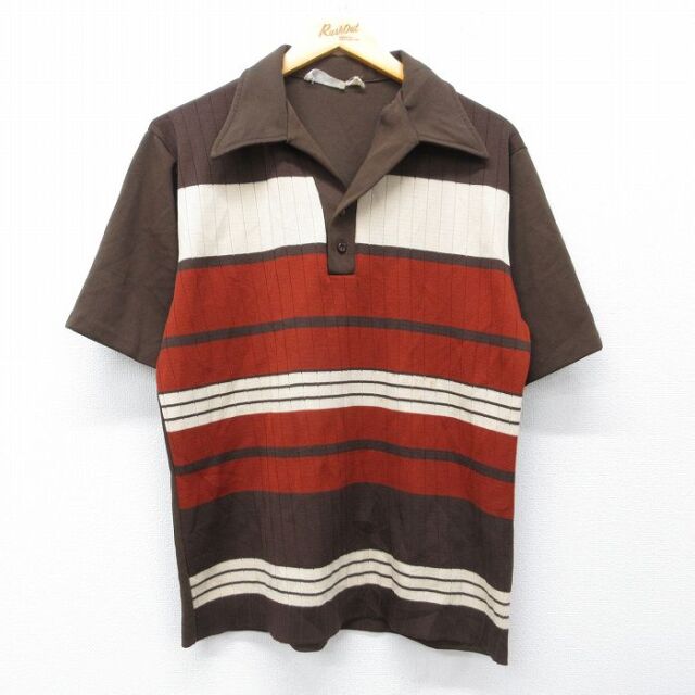古着通販 L☆古着 半袖 ポロ シャツ メンズ 70年代 70s 開襟 オープン