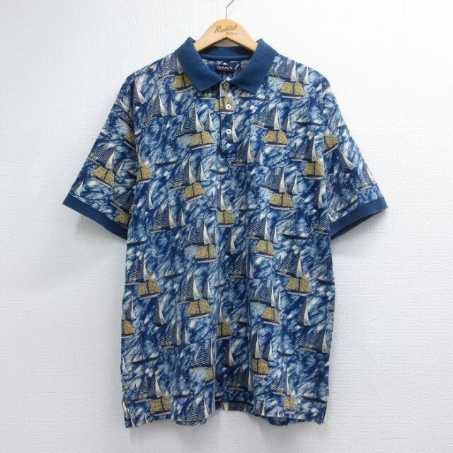 XL★古着 GANT 半袖 ポロ シャツ メンズ 90年代 90s ヨット 鹿の子 大きいサイズ コットン ネイビー 26jul10