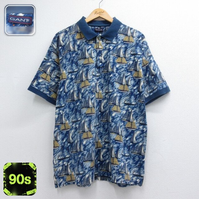 GANT 半袖 ポロ シャツ 90s ヨット 鹿の子 コットン ネイビー メンズXL相当 | 古着