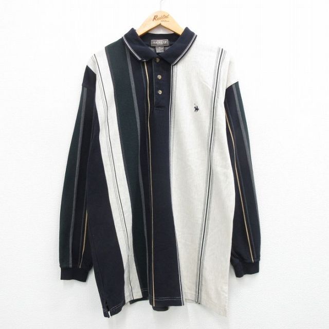 ポロ 90s 長袖ポロシャツ ストライプ ネイビー L | 古着