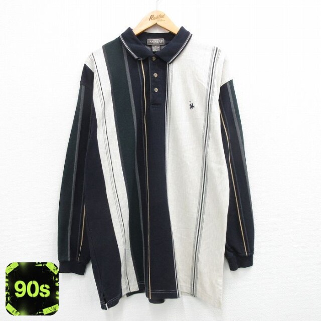 【50%OFF】ポロ 90s 長袖ポロシャツ ストライプ ネイビー L | 古着