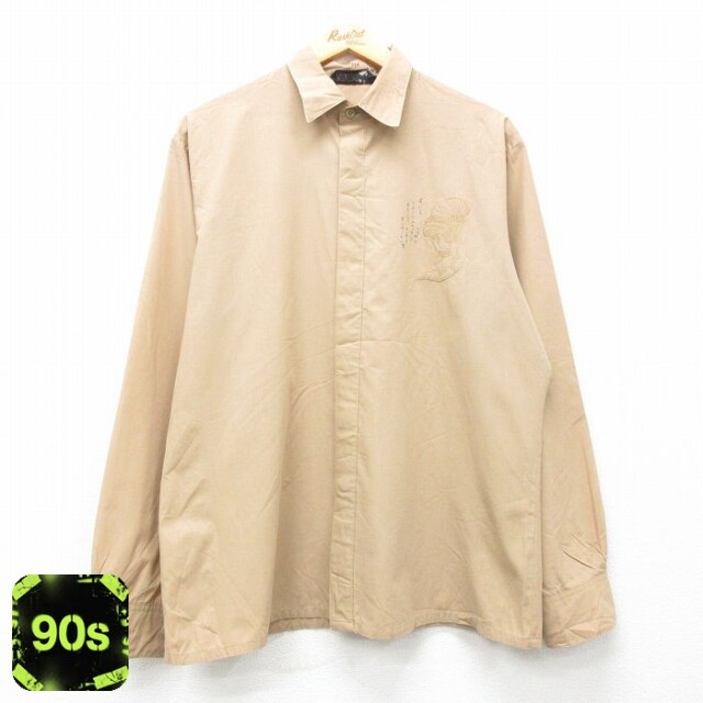 【50%OFF】90s 長袖シャツ 刺繍 ベージュ L | 古着