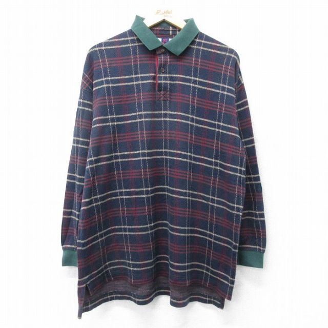 長袖ポロシャツ ネイビーチェック XL | 古着
