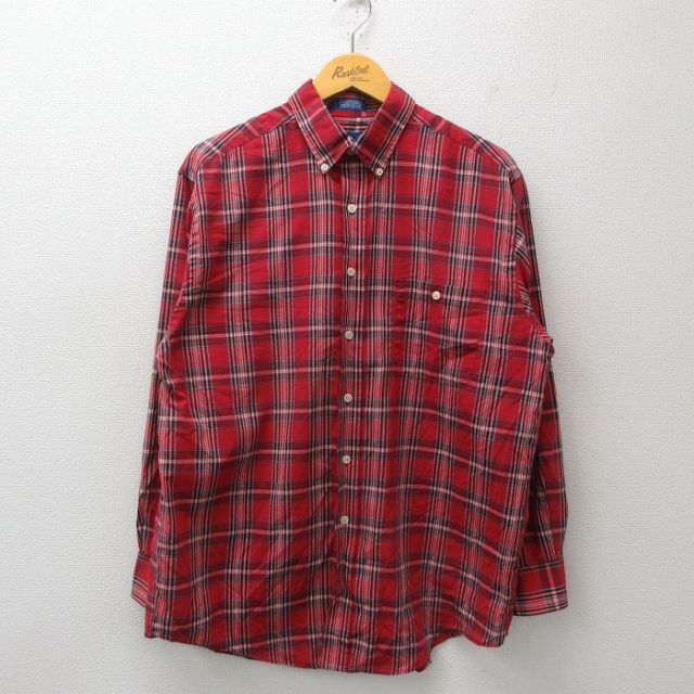 L★古着 タウンクラフト 長袖 シャツ メンズ 90年代 90s ボタンダウン 赤他 レッド チェック 25jan08 中古 トップス