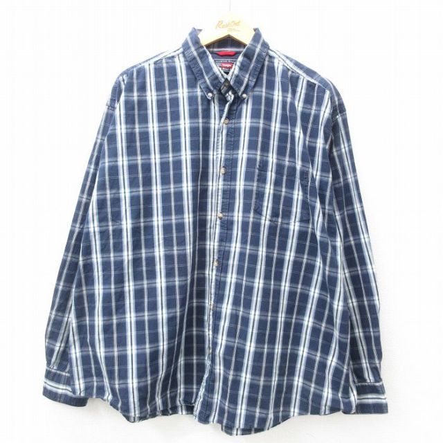 【50%OFF】XL★古着 ラングラー Wrangler 長袖 シャツ メンズ 大きいサイズ コットン ボタンダウン 紺他 ネイビー チェック 25jan16 中古 トップス