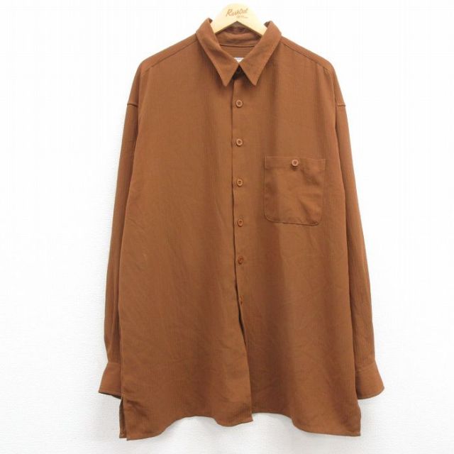 古着通販 XL☆古着 長袖 シャツ メンズ 90年代 90s コットン ロング丈 茶
