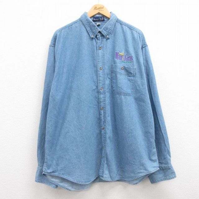 XL★古着 長袖 シャツ メンズ 00年代 00s マルディグラ 大きいサイズ ロング丈 コットン ボタンダウン 紺 ネイビー デニム 25jan17 中古 トップス