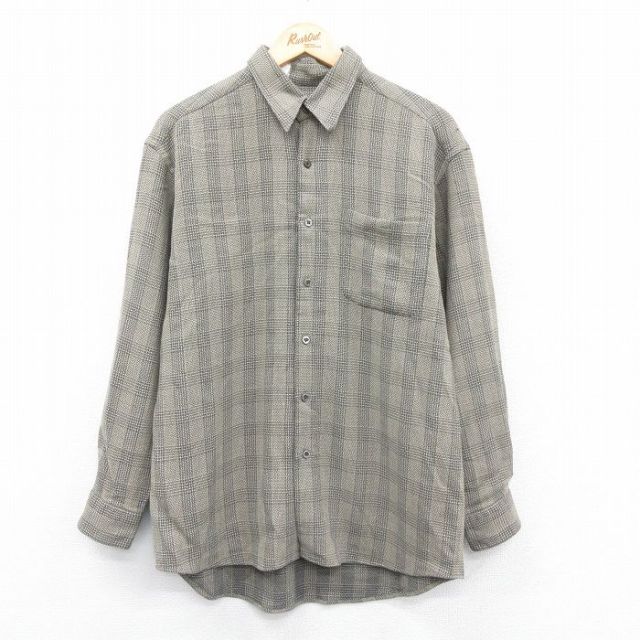 【50%OFF】L★古着 長袖 シャツ メンズ イタリア製 ベージュ他 カーキ チェック 25jan18 中古 トップス