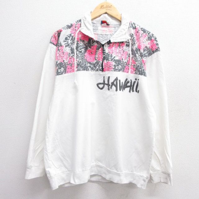 【20%OFF】L★古着 長袖 ハーフジップ トップス メンズ 90年代 90s ハワイ コットン USA製 白他 ホワイト 25jan29 中古