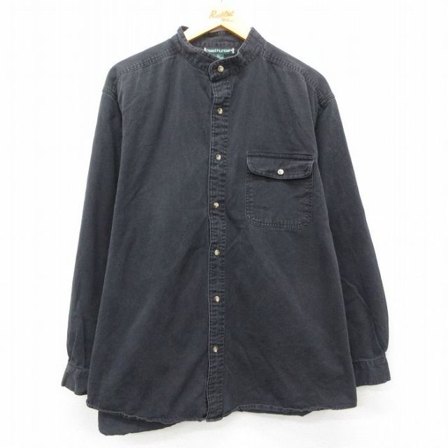 XL★古着 長袖 シャツ メンズ 大きいサイズ コットン ノーカラー 黒 ブラック デニム 25feb06 中古 トップス