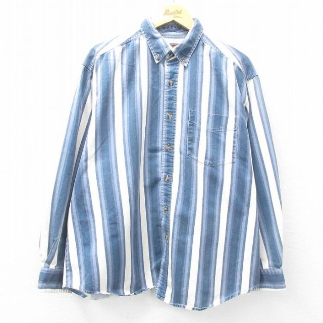 XL★古着 ルート66 長袖 シャツ メンズ 00年代 00s 大きいサイズ コットン ボタンダウン 紺他 ネイビー ストライプ 【spe】 25feb06 中古 トップス