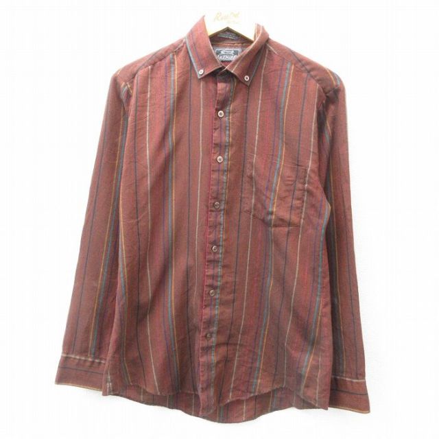 【50%OFF】M★古着 ルティグレ 長袖 シャツ メンズ 80年代 80s ボタンダウン 茶他 ブラウン ストライプ 25feb06 中古 トップス