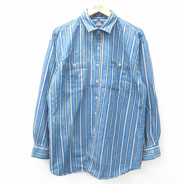 L★古着 ディッキーズ Dickies 長袖 シャツ メンズ コットン 紺他 ネイビー ストライプ 25feb06 中古 トップス