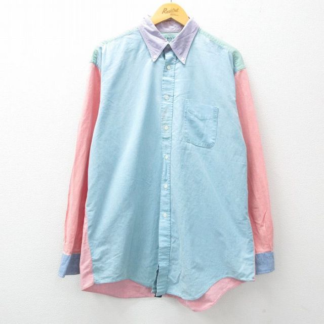 XL★古着 長袖 シャツ メンズ マルチカラー ロング丈 コットン ボタンダウン 薄紺他 ネイビー 【spe】 25feb06 中古 トップス