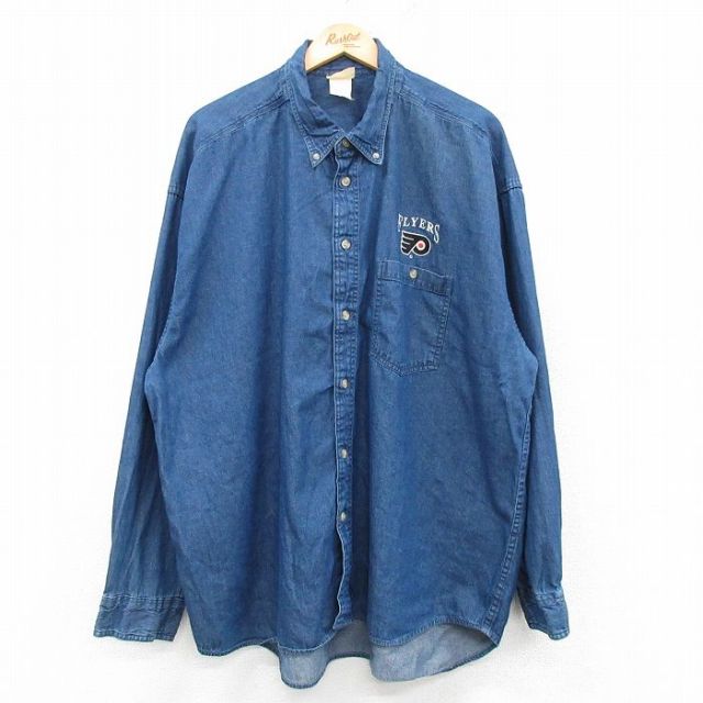 XL★古着 長袖 シャツ メンズ 00年代 00s NHL フィラデルフィアフライヤーズ 大きいサイズ コットン ボタンダウン 紺 ネイビー デニム アイスホッケー 【spe】 25feb12 中古 トップス
