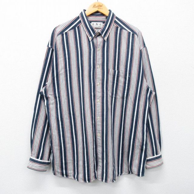 【50%OFF】XL★古着 長袖 シャツ メンズ 大きいサイズ ロング丈 コットン ボタンダウン 紺他 ネイビー ストライプ 25feb12 中古 トップス