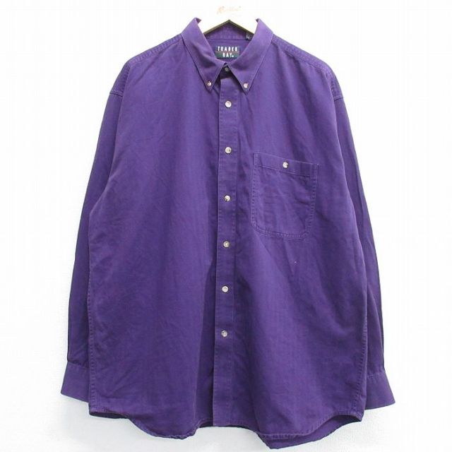 XL★古着 長袖 シャツ メンズ 90年代 90s 大きいサイズ ロング丈 コットン ボタンダウン 紫 パープル 25feb12 中古 トップス