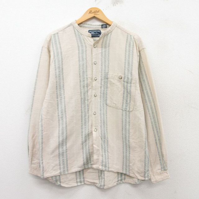 M★古着 長袖 シャツ メンズ ノーカラー ベージュ他 カーキ ストライプ 25feb10 中古 トップス