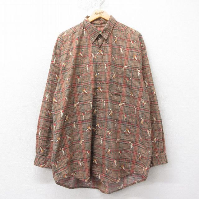 XL★古着 長袖 シャツ メンズ 90年代 90s 鳥 大きいサイズ ロング丈 コットン ボタンダウン 茶系他 ブラウン 【spe】 25feb15 中古 トップス