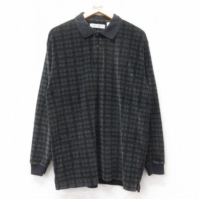L★古着 長袖 ポロ シャツ メンズ 90年代 90s ベロア 黒系他 ブラック チェック 25feb15 中古 トップス
