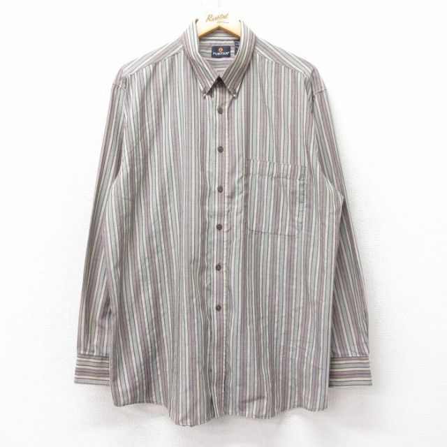 【50%OFF】XL★古着 ピューリタン 長袖 シャツ メンズ 00年代 00s ロング丈 ボタンダウン ベージュ他 カーキ ストライプ 25feb15 中古 トップス